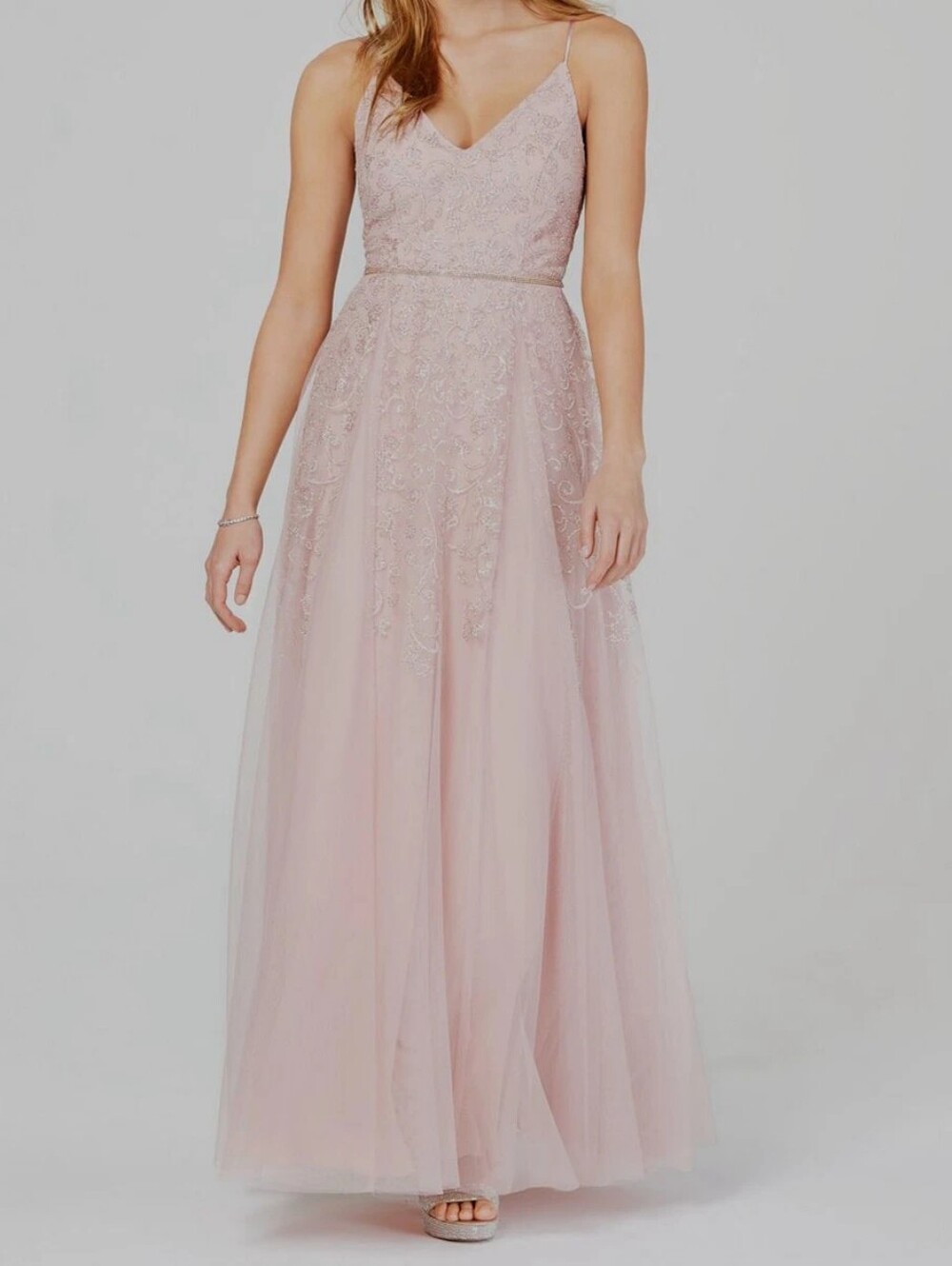Sz 1/2 Teeze Me Blush Pink Tulle V-Neck Low-Back Ballgown w Crystal Waist De